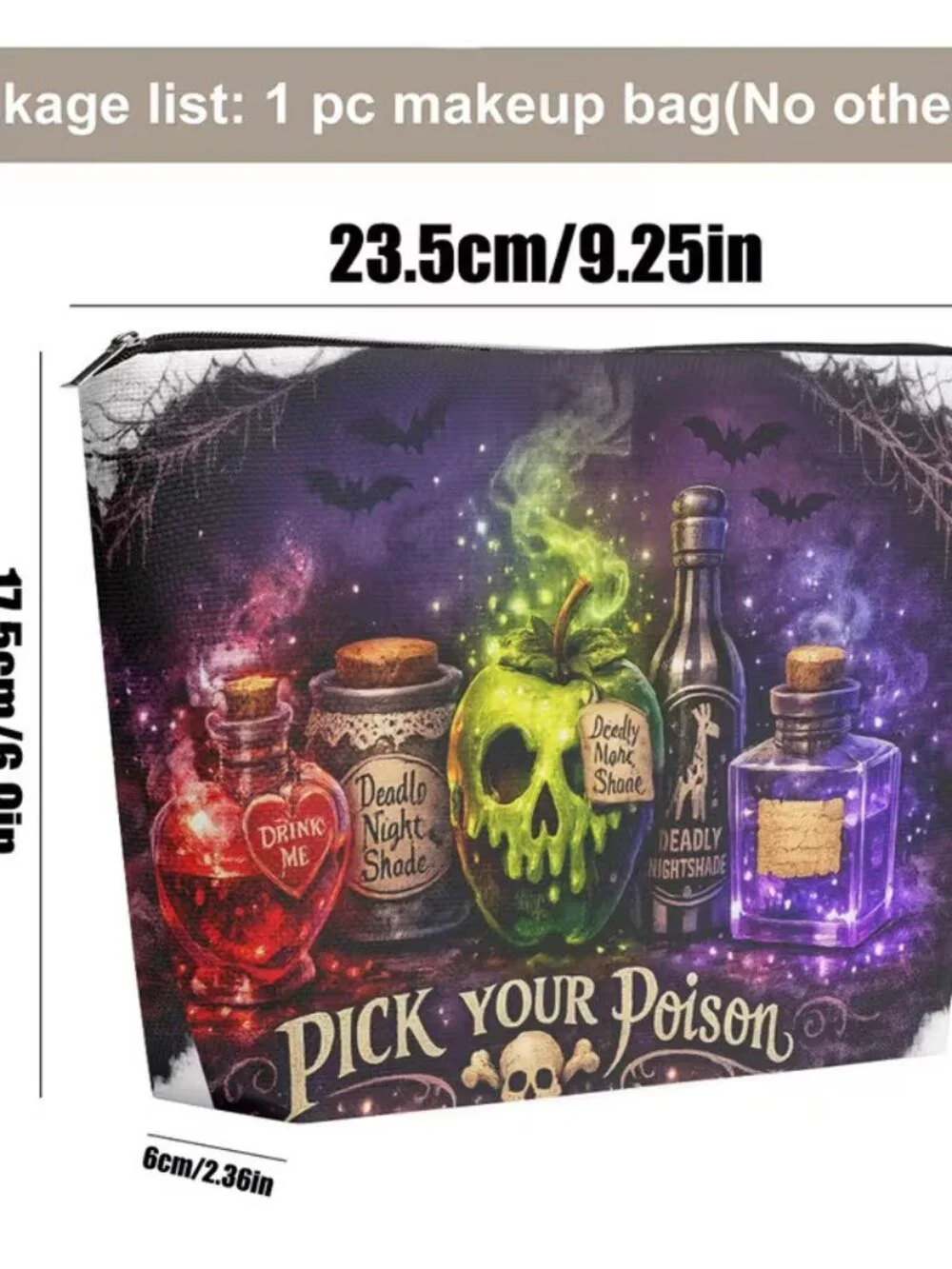 Halloween Gothic Pick your Poison Skull Makeup Bag Double-Sided 6.9